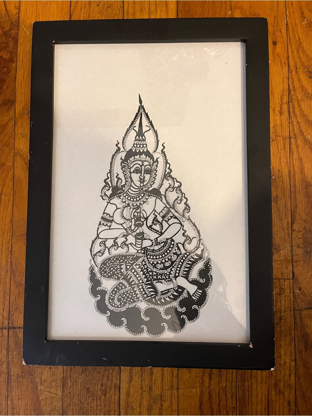 Vintage Style Thai Deity Celestial Figure Framed Black White Asian Wall Art